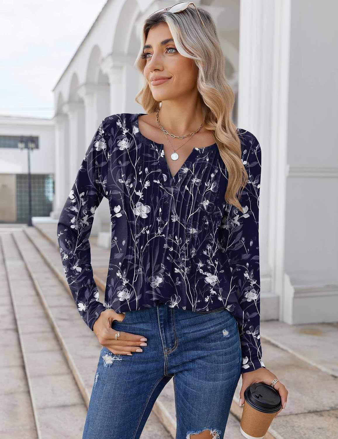 image:imageZeagoo Womens Long Sleeve Tops 2026 V Neck Pleated Shirts Dressy Casual Tunic Blouses Loose Fit Fall Fashion ClothesSf180