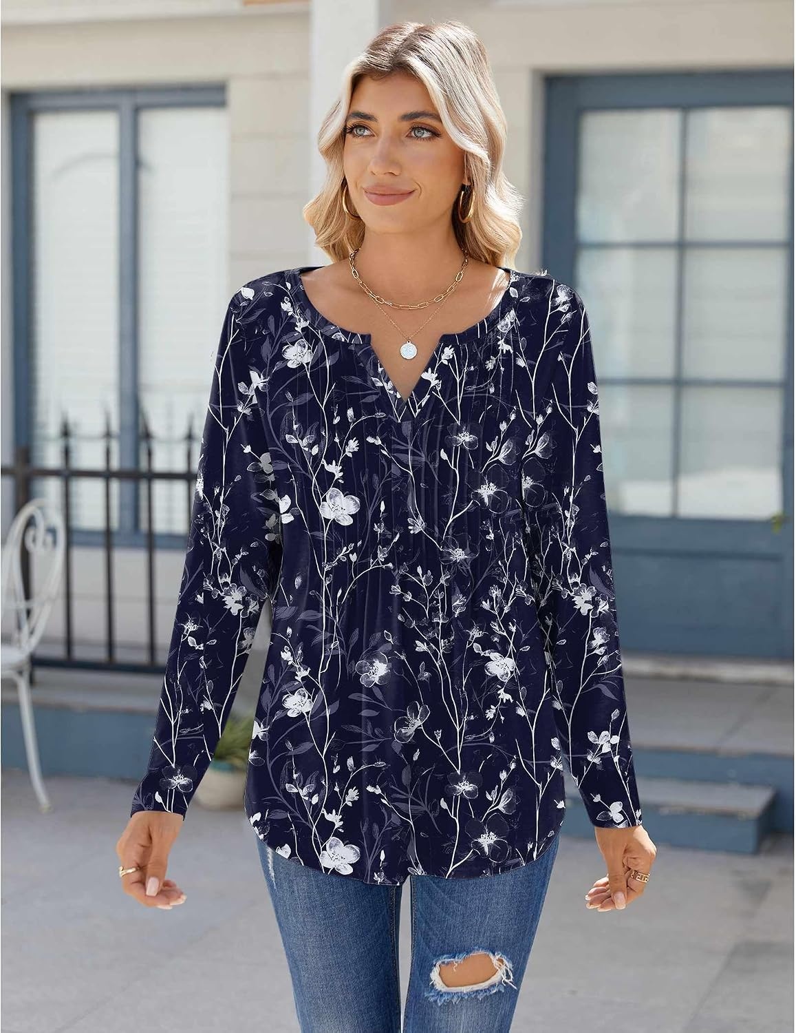 image:imageZeagoo Womens Long Sleeve Tops 2026 V Neck Pleated Shirts Dressy Casual Tunic Blouses Loose Fit Fall Fashion ClothesSf180