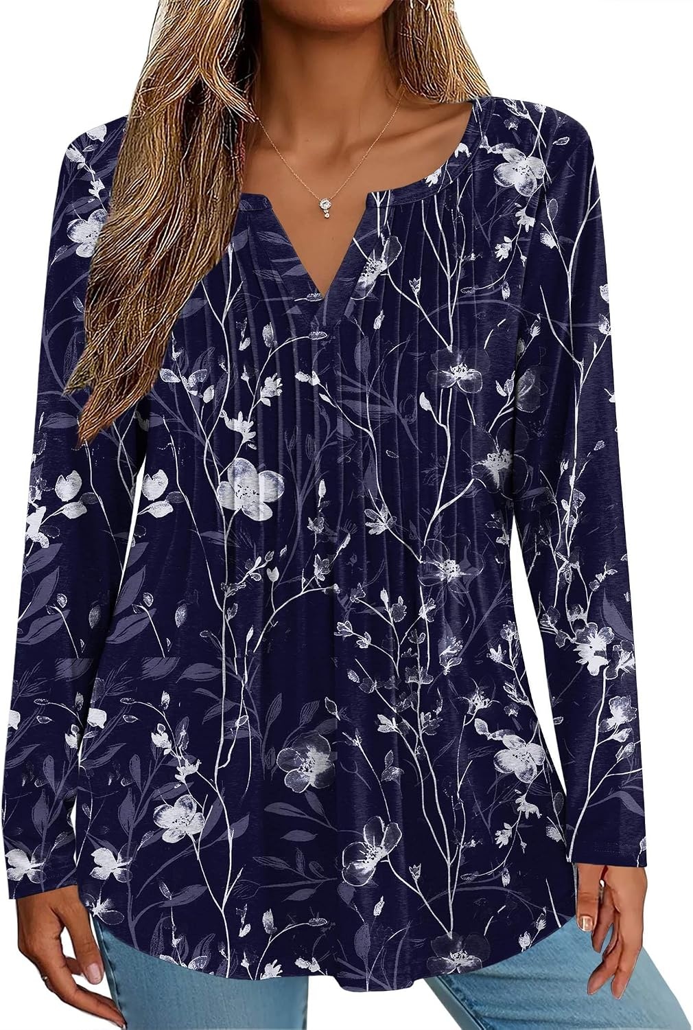 image:imageZeagoo Womens Long Sleeve Tops 2026 V Neck Pleated Shirts Dressy Casual Tunic Blouses Loose Fit Fall Fashion ClothesSf180