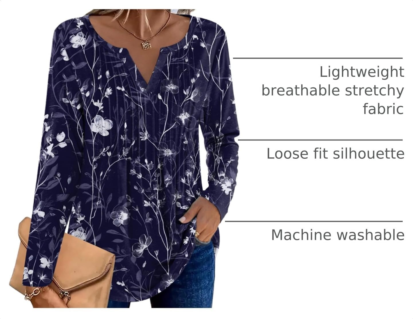 image:imageZeagoo Womens Long Sleeve Tops 2026 V Neck Pleated Shirts Dressy Casual Tunic Blouses Loose Fit Fall Fashion ClothesSf180