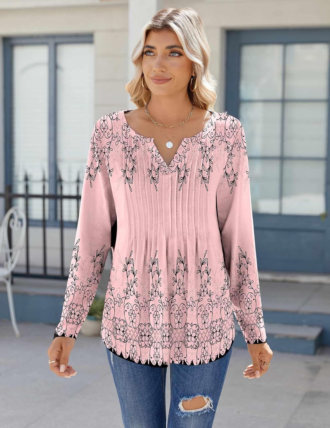 image:imageZeagoo Womens Long Sleeve Tops 2026 V Neck Pleated Shirts Dressy Casual Tunic Blouses Loose Fit Fall Fashion ClothesSf190