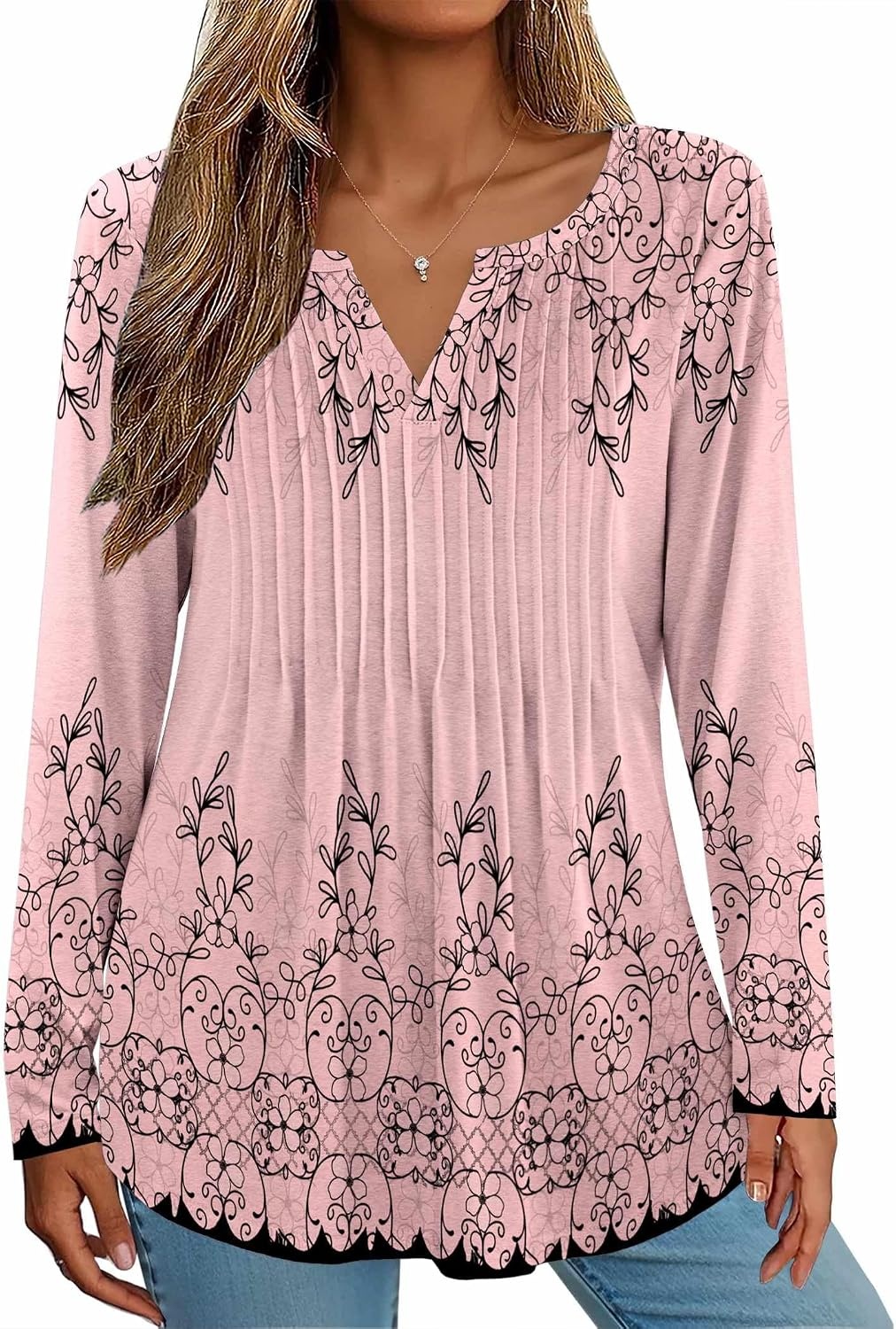 image:imageZeagoo Womens Long Sleeve Tops 2026 V Neck Pleated Shirts Dressy Casual Tunic Blouses Loose Fit Fall Fashion ClothesSf190