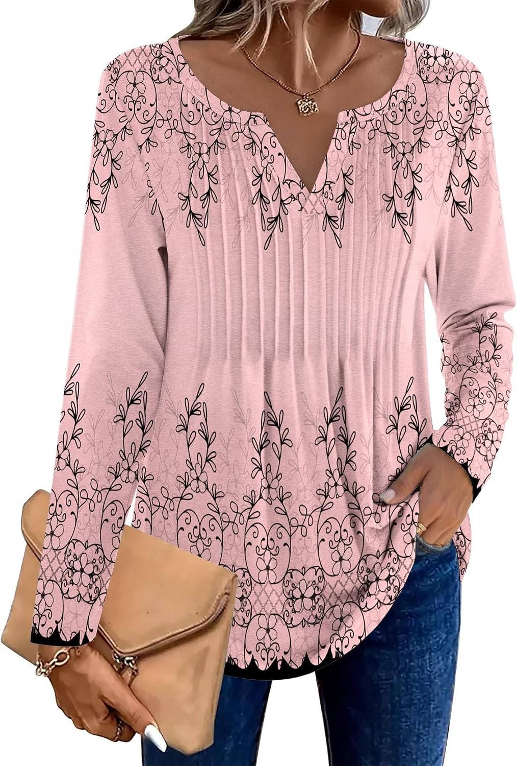 image:imageZeagoo Womens Long Sleeve Tops 2026 V Neck Pleated Shirts Dressy Casual Tunic Blouses Loose Fit Fall Fashion ClothesSf190