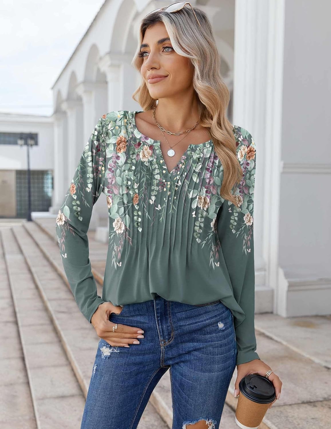 image:imageZeagoo Womens Long Sleeve Tops 2026 V Neck Pleated Shirts Dressy Casual Tunic Blouses Loose Fit Fall Fashion ClothesWf71