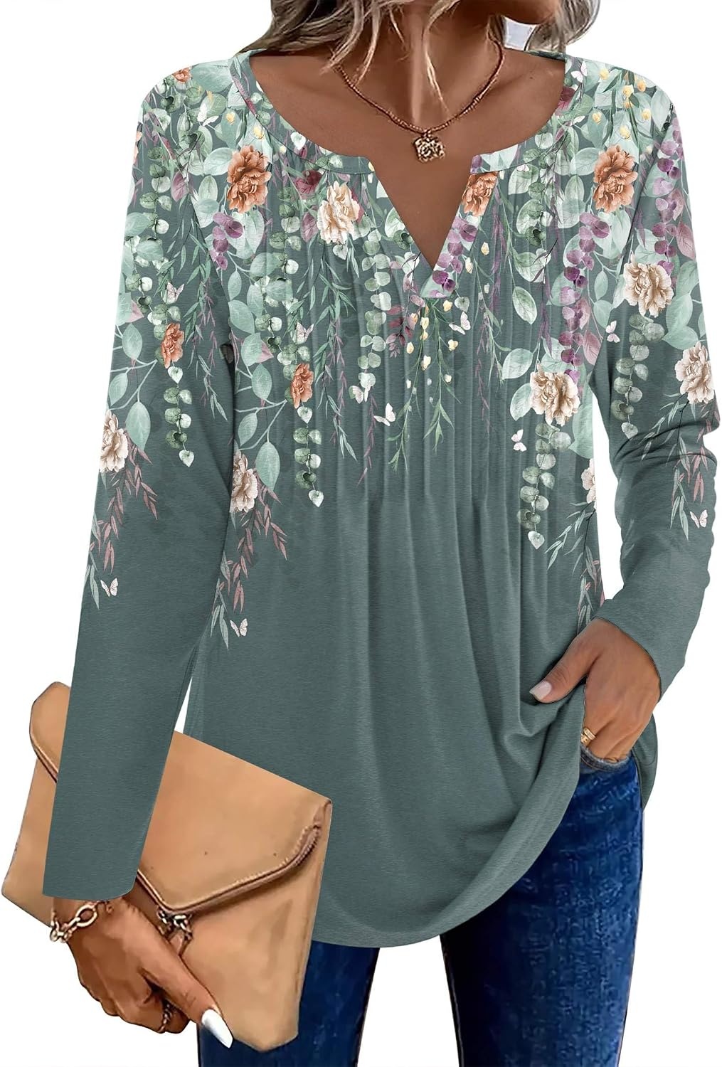 image:imageZeagoo Womens Long Sleeve Tops 2026 V Neck Pleated Shirts Dressy Casual Tunic Blouses Loose Fit Fall Fashion ClothesWf71