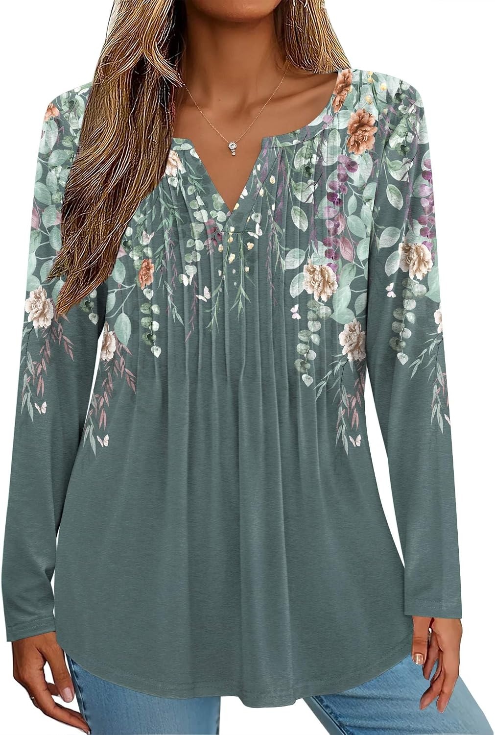 image:imageZeagoo Womens Long Sleeve Tops 2026 V Neck Pleated Shirts Dressy Casual Tunic Blouses Loose Fit Fall Fashion ClothesWf71