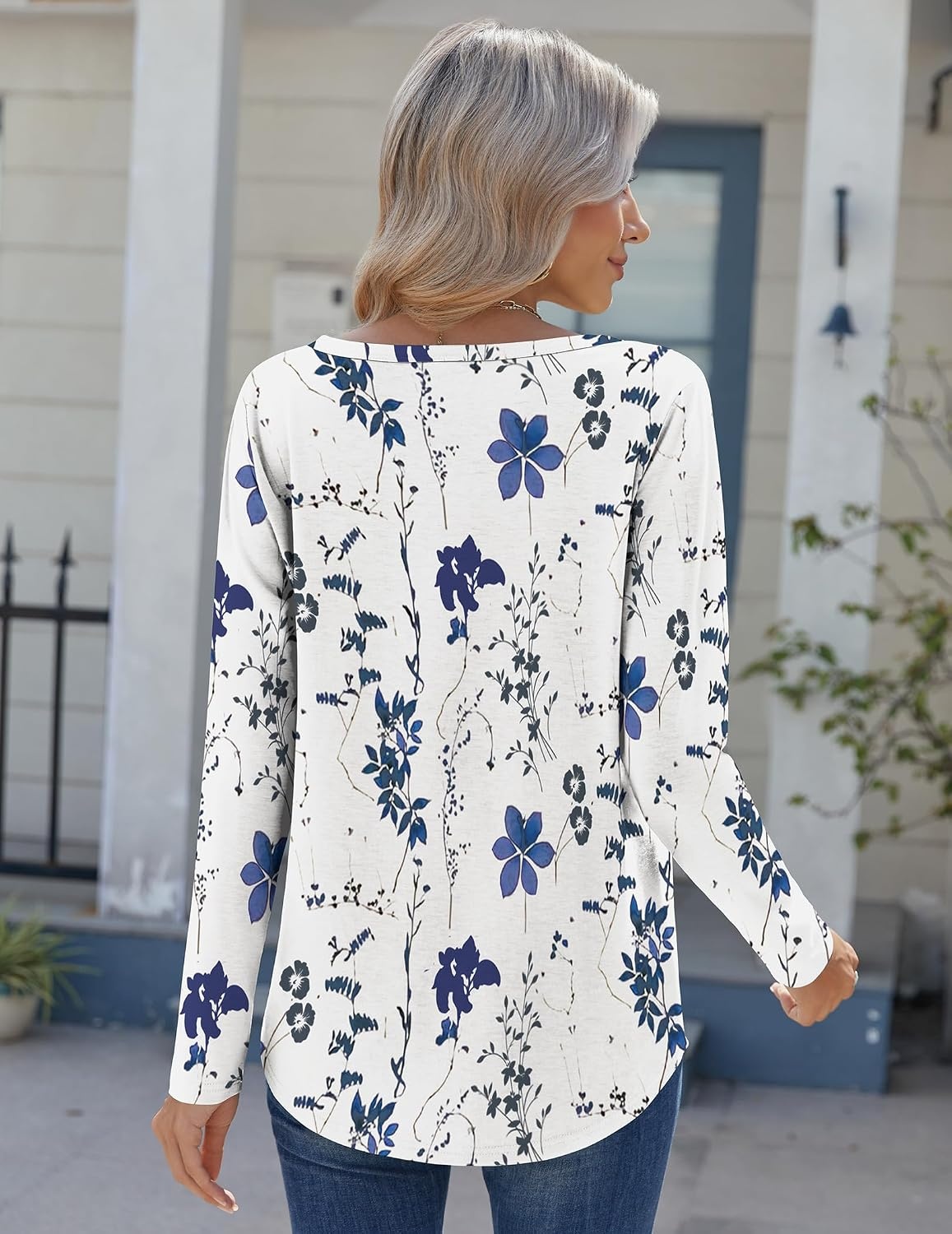 image:imageZeagoo Womens Long Sleeve Tops 2026 V Neck Pleated Shirts Dressy Casual Tunic Blouses Loose Fit Fall Fashion ClothesWhiteprinted
