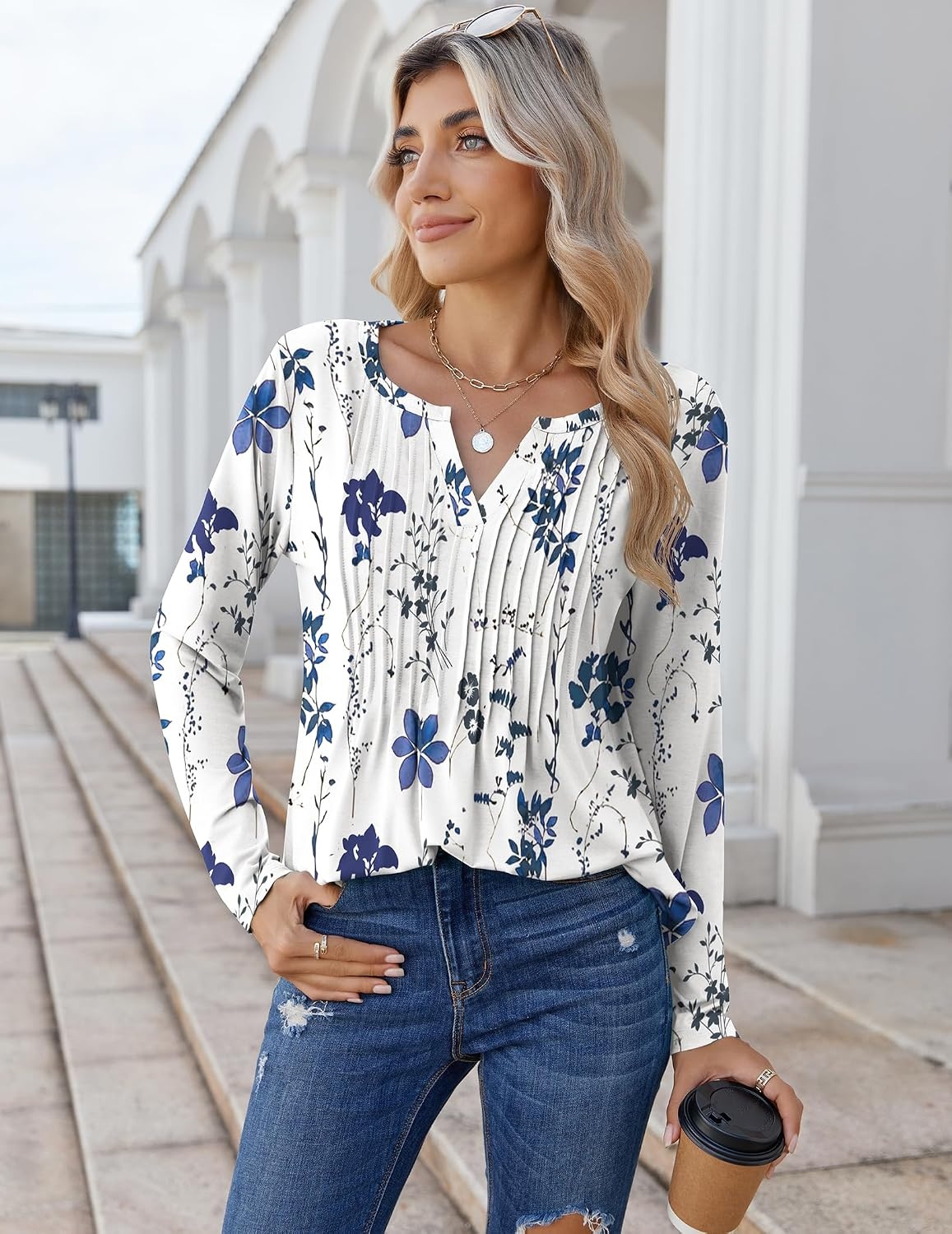 image:imageZeagoo Womens Long Sleeve Tops 2026 V Neck Pleated Shirts Dressy Casual Tunic Blouses Loose Fit Fall Fashion ClothesWhiteprinted