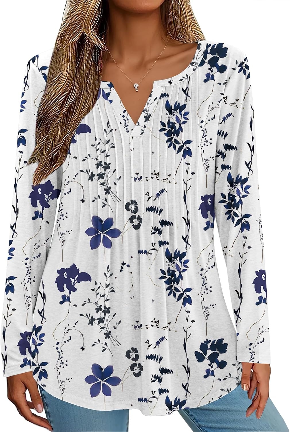 image:imageZeagoo Womens Long Sleeve Tops 2026 V Neck Pleated Shirts Dressy Casual Tunic Blouses Loose Fit Fall Fashion ClothesWhiteprinted