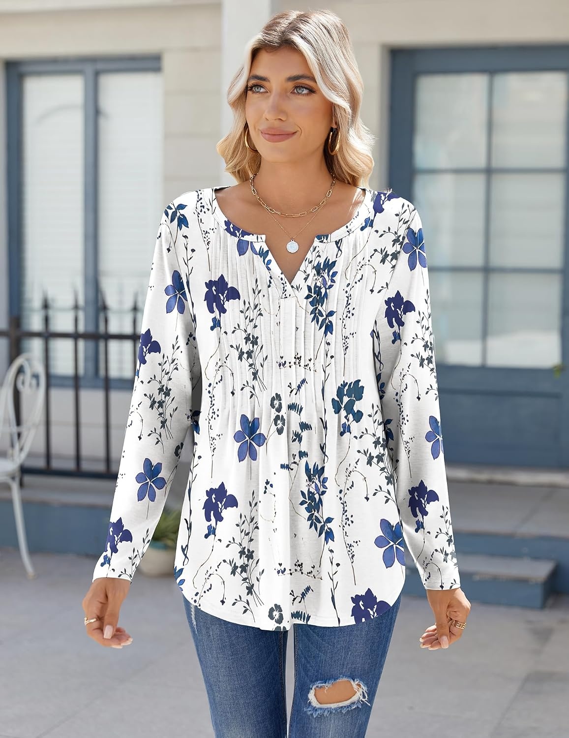 image:imageZeagoo Womens Long Sleeve Tops 2026 V Neck Pleated Shirts Dressy Casual Tunic Blouses Loose Fit Fall Fashion ClothesWhiteprinted