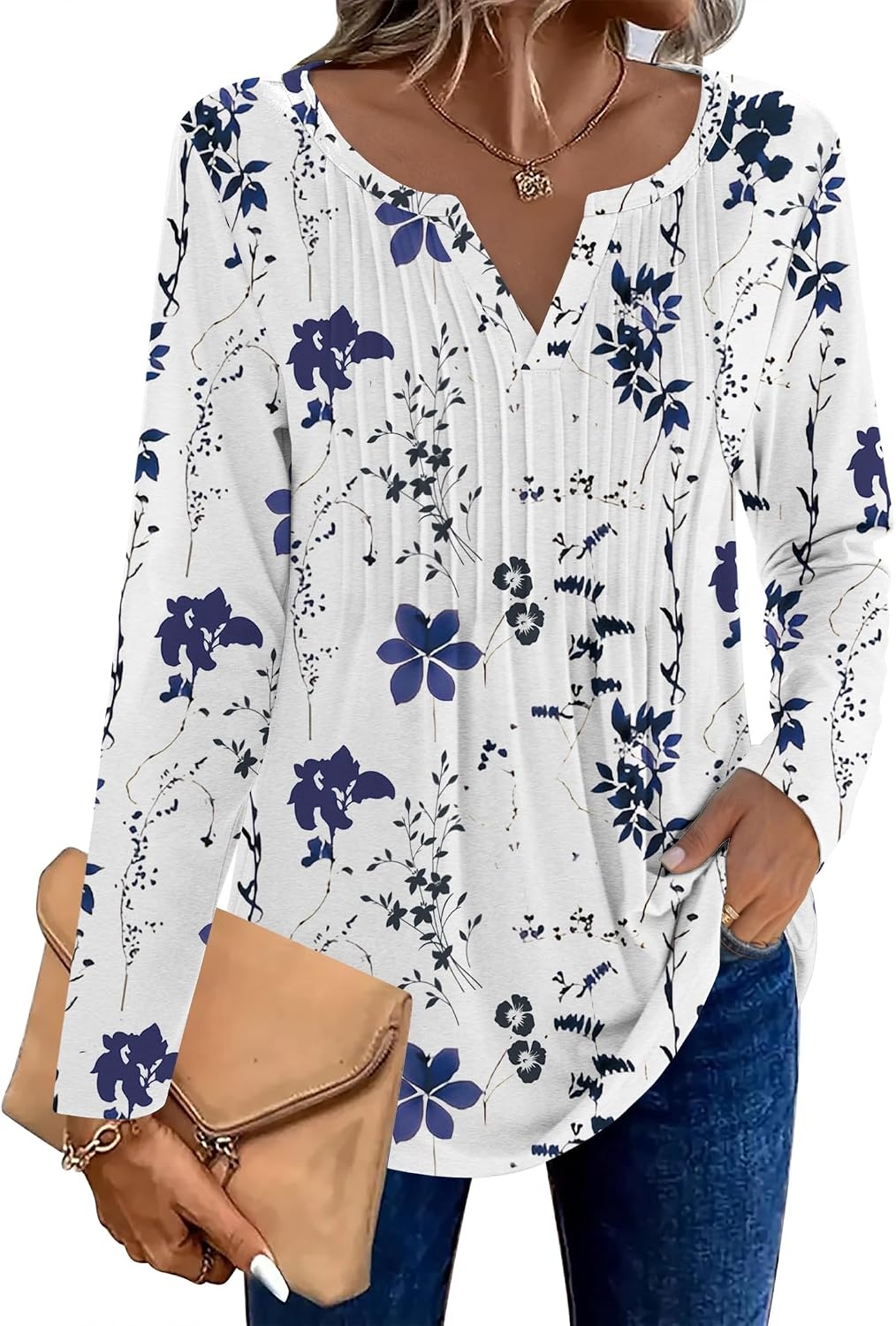 image:imageZeagoo Womens Long Sleeve Tops 2026 V Neck Pleated Shirts Dressy Casual Tunic Blouses Loose Fit Fall Fashion ClothesWhiteprinted