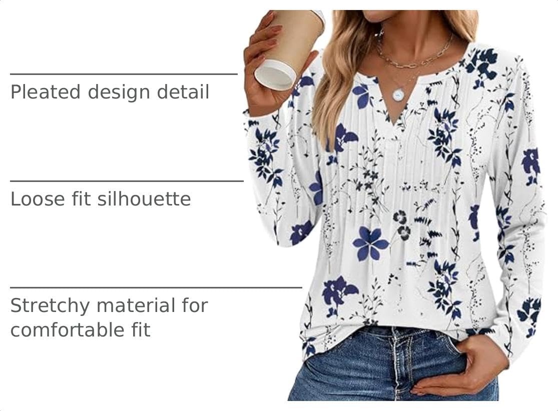 image:imageZeagoo Womens Long Sleeve Tops 2026 V Neck Pleated Shirts Dressy Casual Tunic Blouses Loose Fit Fall Fashion ClothesWhiteprinted