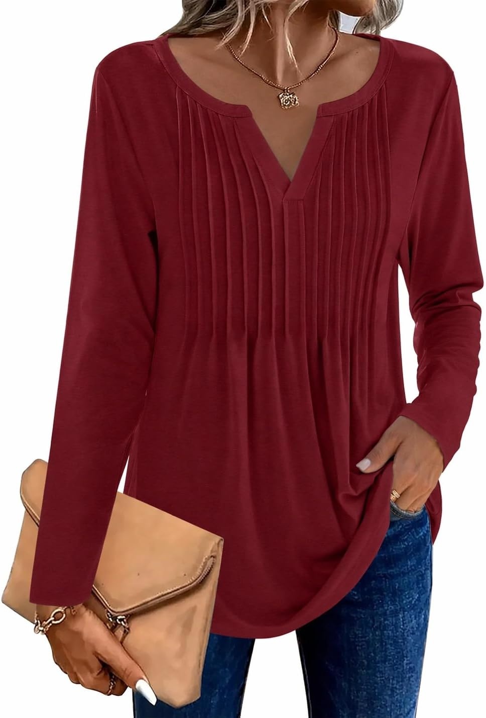 image:imageZeagoo Womens Long Sleeve Tops 2026 V Neck Pleated Shirts Dressy Casual Tunic Blouses Loose Fit Fall Fashion ClothesWine Red