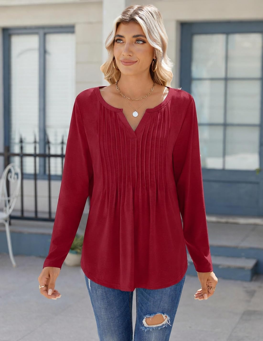 image:imageZeagoo Womens Long Sleeve Tops 2026 V Neck Pleated Shirts Dressy Casual Tunic Blouses Loose Fit Fall Fashion ClothesWine Red