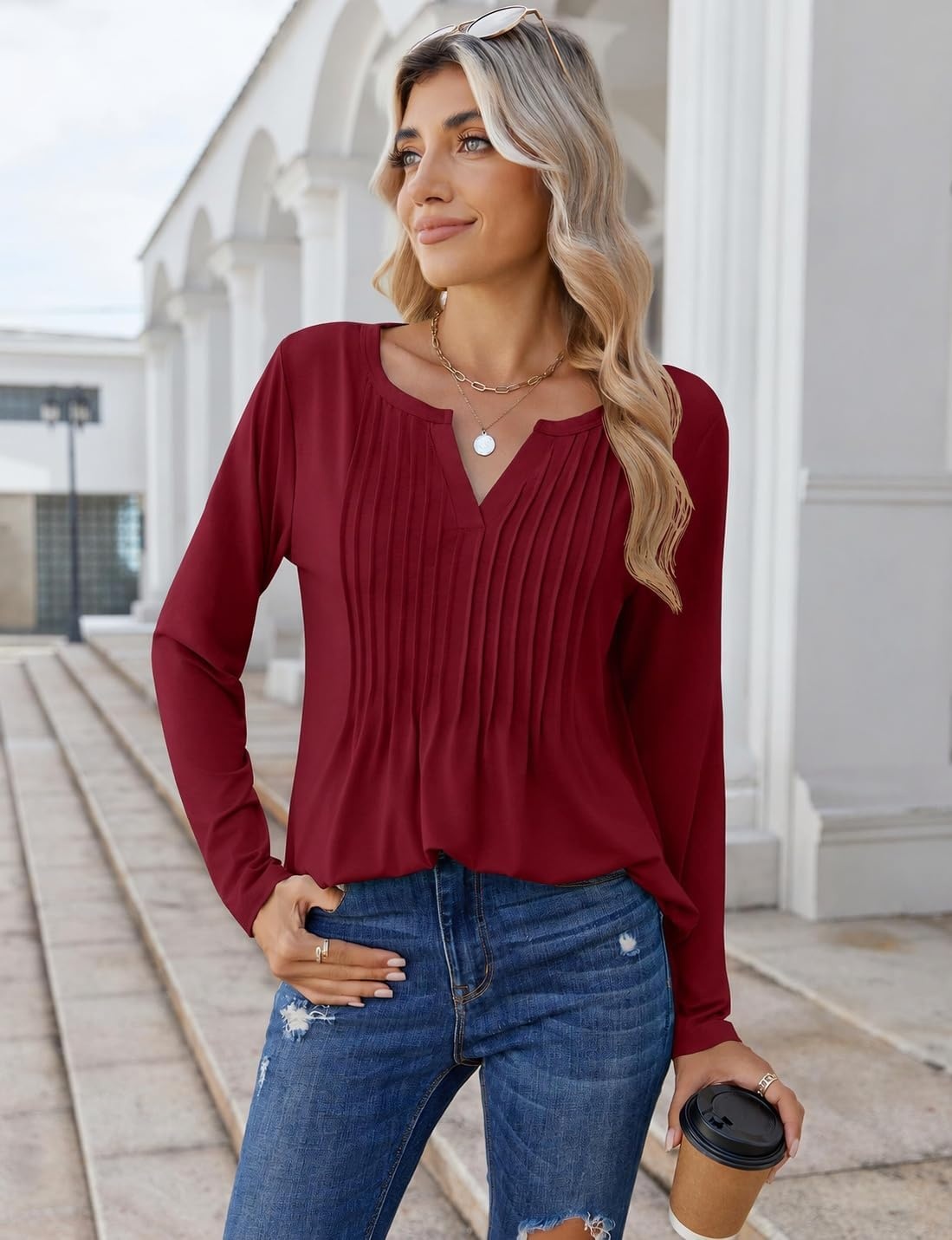 image:imageZeagoo Womens Long Sleeve Tops 2026 V Neck Pleated Shirts Dressy Casual Tunic Blouses Loose Fit Fall Fashion ClothesWine Red
