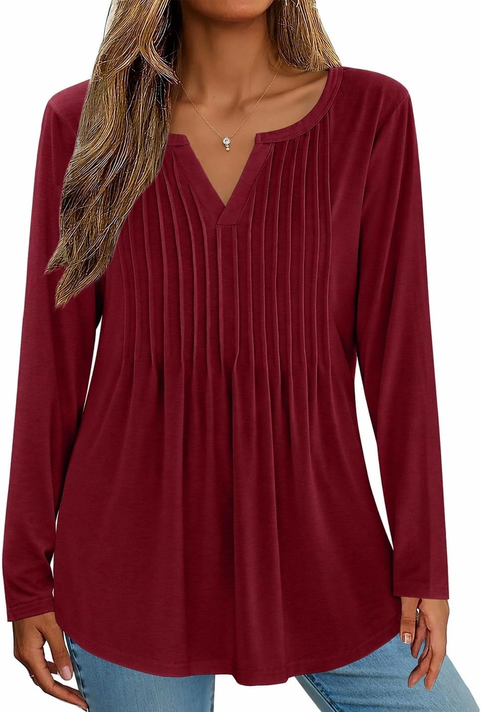 image:imageZeagoo Womens Long Sleeve Tops 2026 V Neck Pleated Shirts Dressy Casual Tunic Blouses Loose Fit Fall Fashion ClothesWine Red