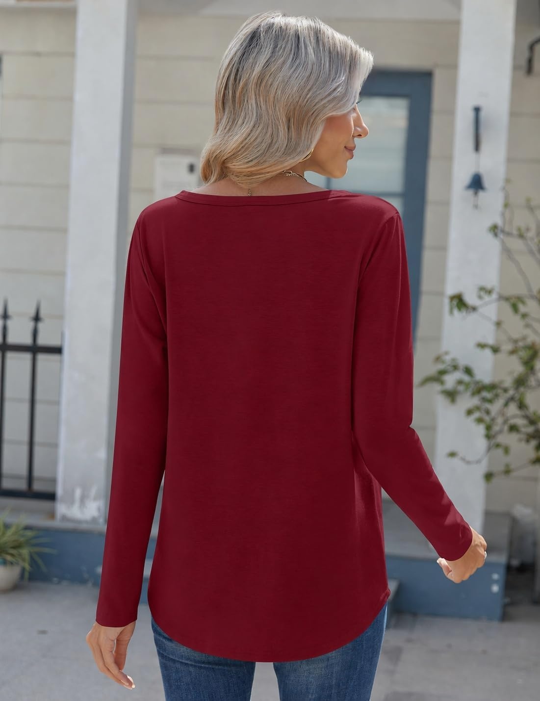 image:imageZeagoo Womens Long Sleeve Tops 2026 V Neck Pleated Shirts Dressy Casual Tunic Blouses Loose Fit Fall Fashion ClothesWine Red