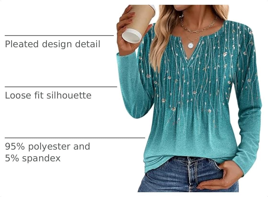 image:imageZeagoo Womens Long Sleeve Tops 2026 V Neck Pleated Shirts Dressy Casual Tunic Blouses Loose Fit Fall Fashion ClothesXh363