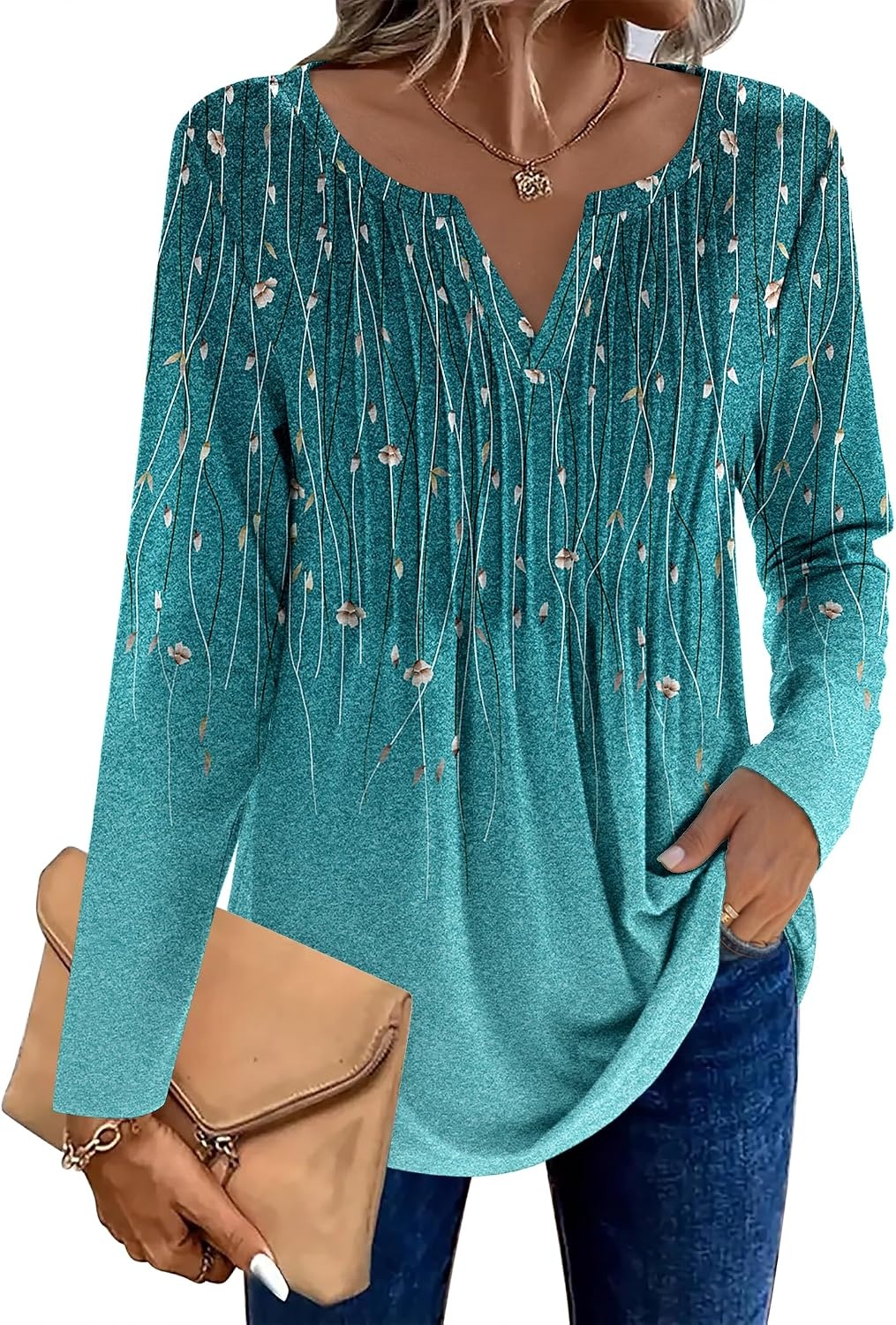 image:imageZeagoo Womens Long Sleeve Tops 2026 V Neck Pleated Shirts Dressy Casual Tunic Blouses Loose Fit Fall Fashion ClothesXh363