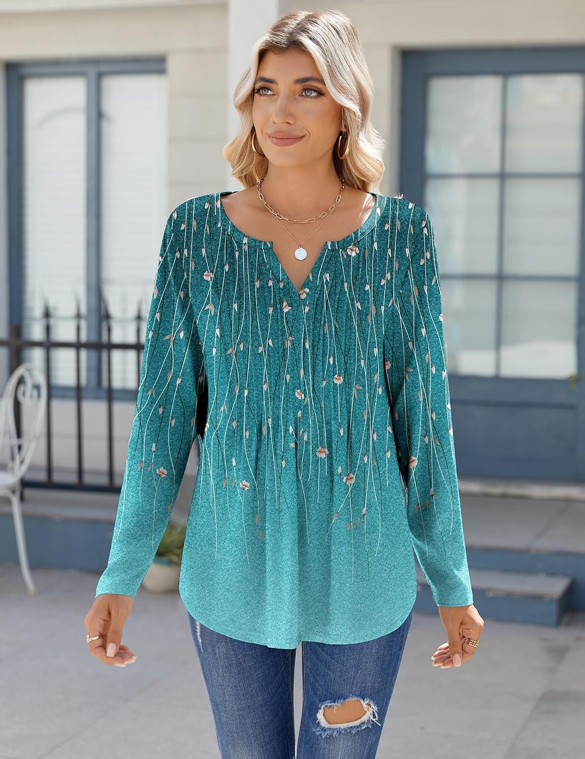 image:imageZeagoo Womens Long Sleeve Tops 2026 V Neck Pleated Shirts Dressy Casual Tunic Blouses Loose Fit Fall Fashion ClothesXh363