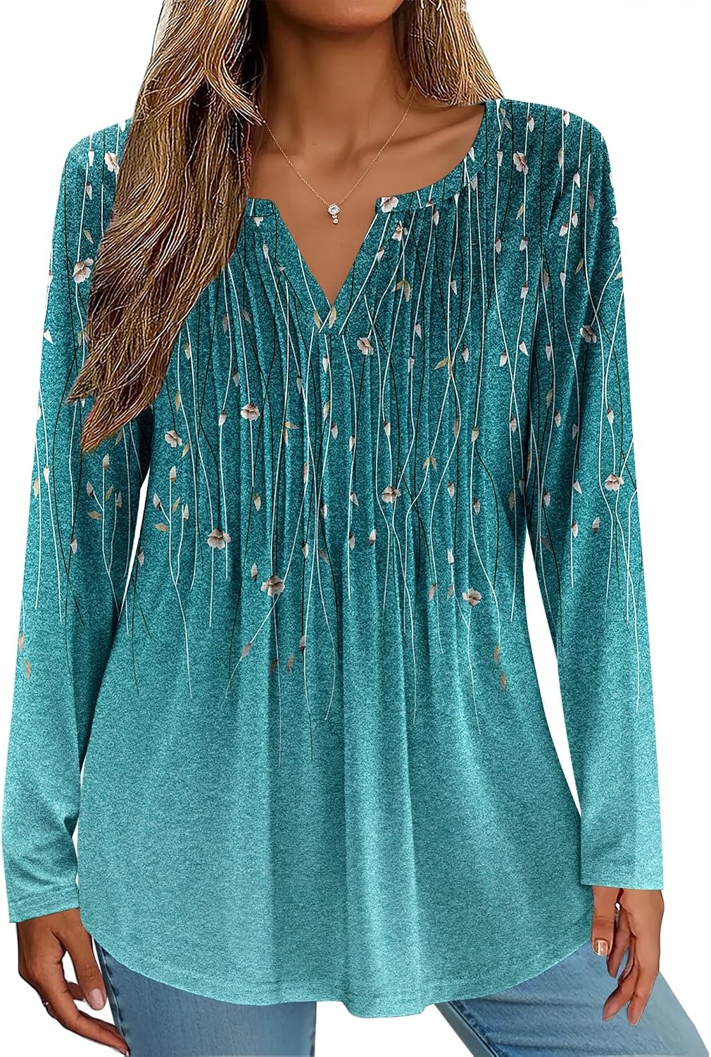 image:imageZeagoo Womens Long Sleeve Tops 2026 V Neck Pleated Shirts Dressy Casual Tunic Blouses Loose Fit Fall Fashion ClothesXh363