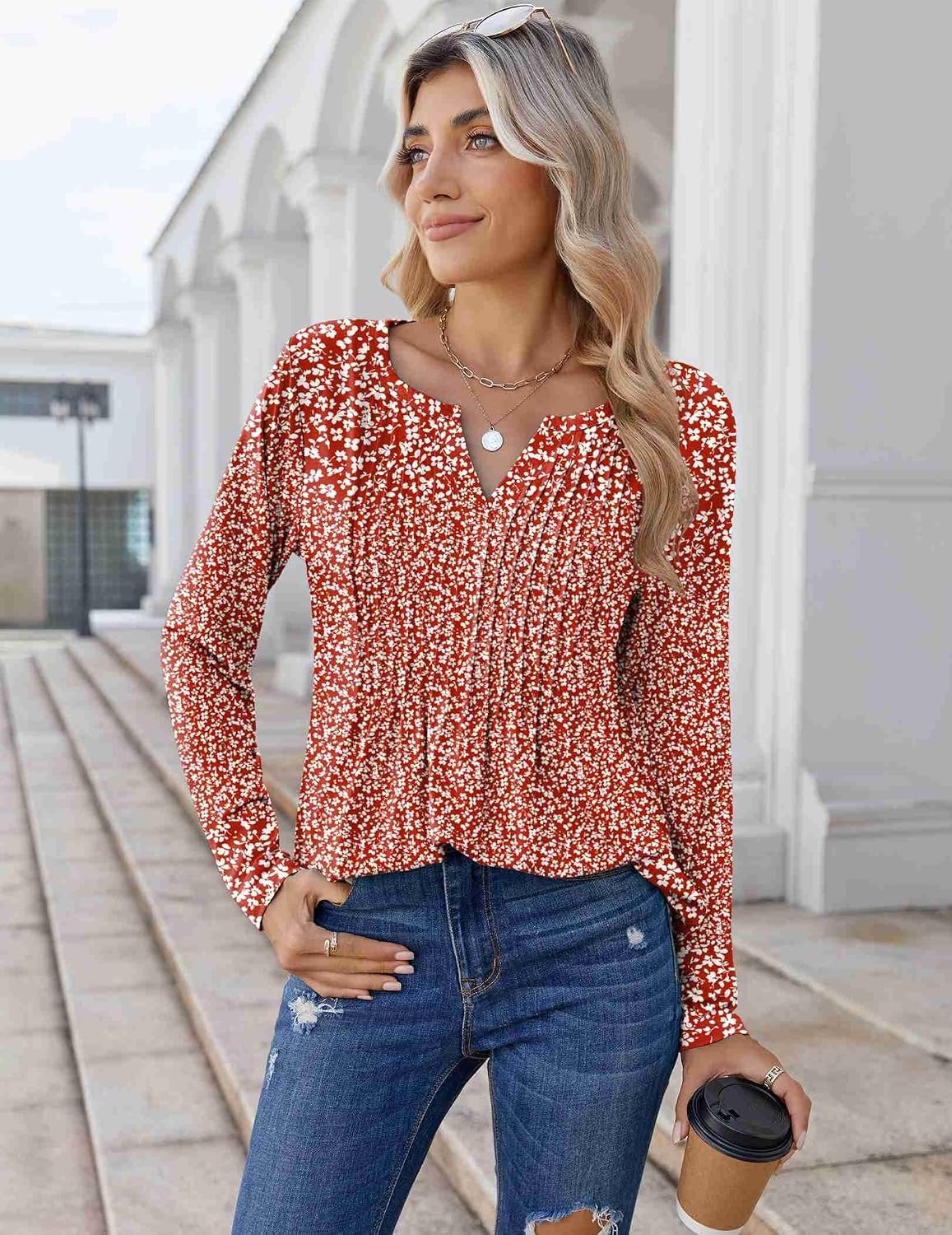 image:imageZeagoo Womens Long Sleeve Tops 2026 V Neck Pleated Shirts Dressy Casual Tunic Blouses Loose Fit Fall Fashion ClothesXh518