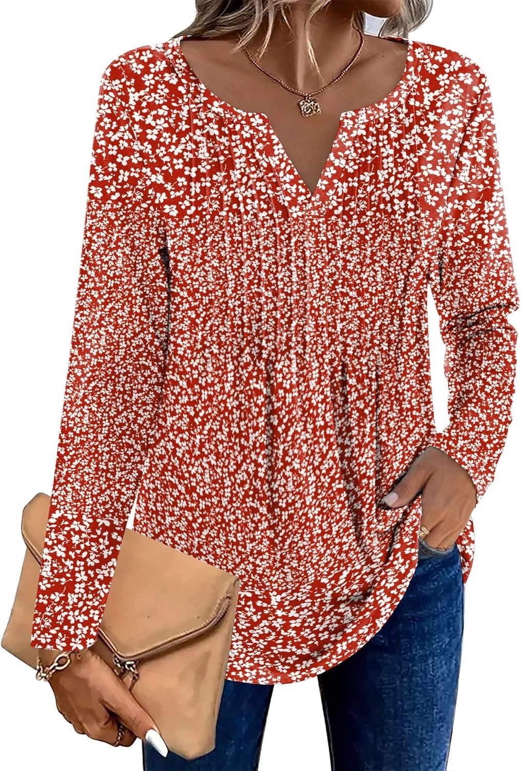 image:imageZeagoo Womens Long Sleeve Tops 2026 V Neck Pleated Shirts Dressy Casual Tunic Blouses Loose Fit Fall Fashion ClothesXh518