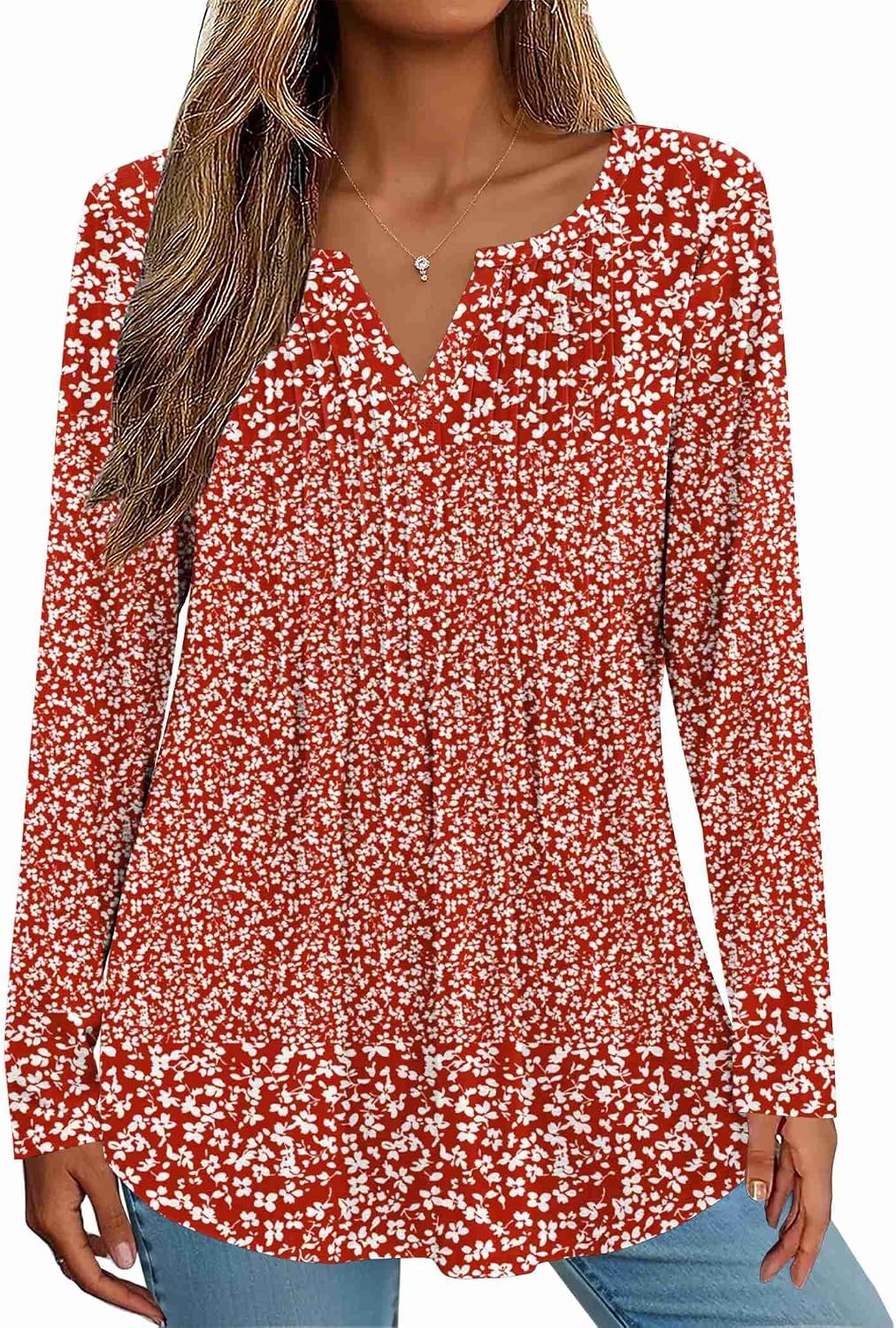 image:imageZeagoo Womens Long Sleeve Tops 2026 V Neck Pleated Shirts Dressy Casual Tunic Blouses Loose Fit Fall Fashion ClothesXh518