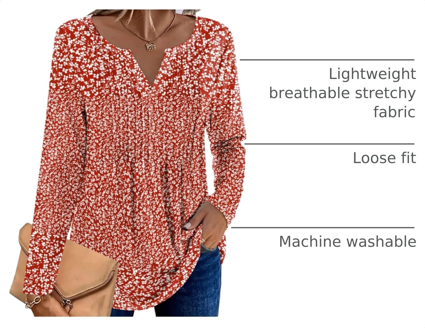 image:imageZeagoo Womens Long Sleeve Tops 2026 V Neck Pleated Shirts Dressy Casual Tunic Blouses Loose Fit Fall Fashion ClothesXh518