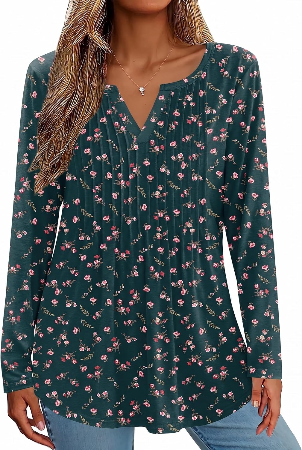 image:imageZeagoo Womens Long Sleeve Tops 2026 V Neck Pleated Shirts Dressy Casual Tunic Blouses Loose Fit Fall Fashion ClothesXh522