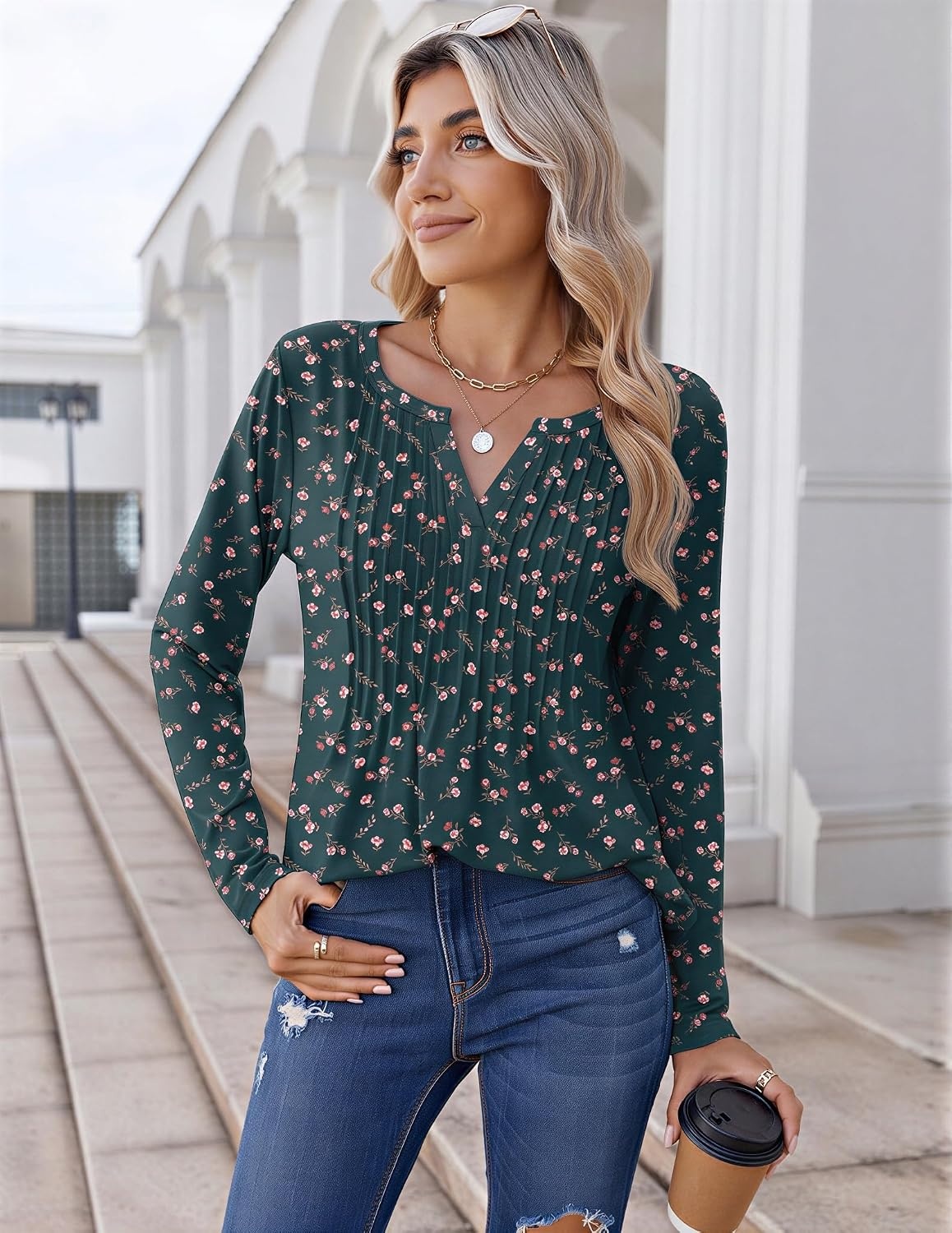 image:imageZeagoo Womens Long Sleeve Tops 2026 V Neck Pleated Shirts Dressy Casual Tunic Blouses Loose Fit Fall Fashion ClothesXh522