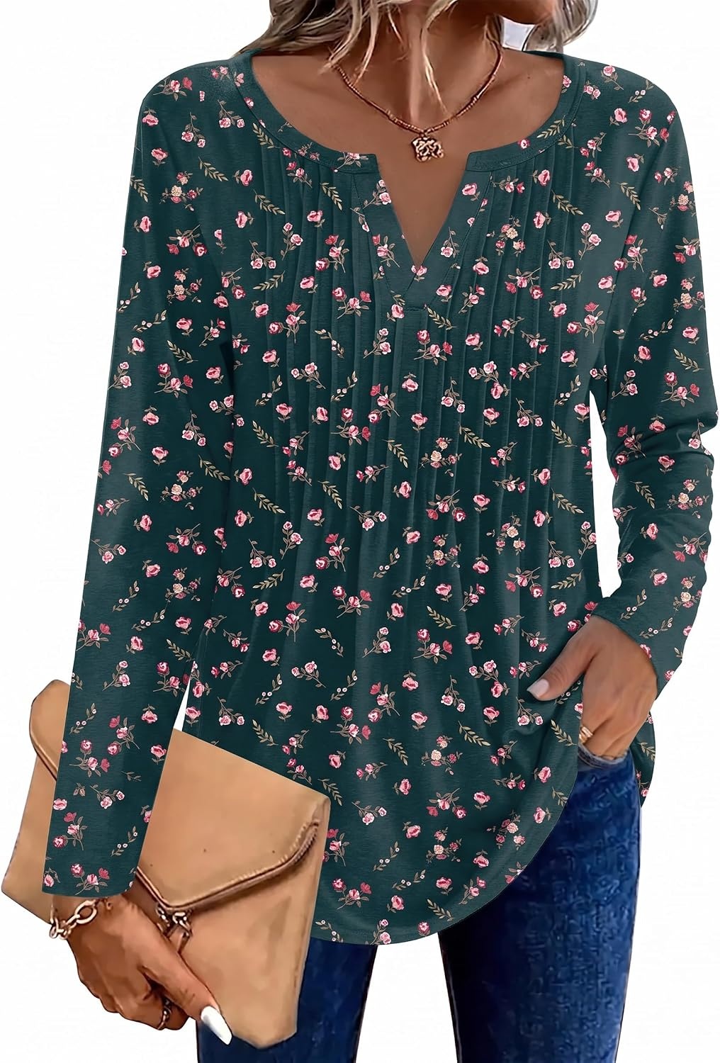 image:imageZeagoo Womens Long Sleeve Tops 2026 V Neck Pleated Shirts Dressy Casual Tunic Blouses Loose Fit Fall Fashion ClothesXh522