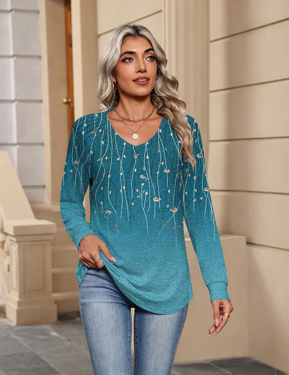 image:imageZeagoo Womens Long Sleeve Tops V Neck Pleated Shirts Dressy Casual Blouses Fall Fashion Tunic Clothes 2026 TShirts01bluegreen