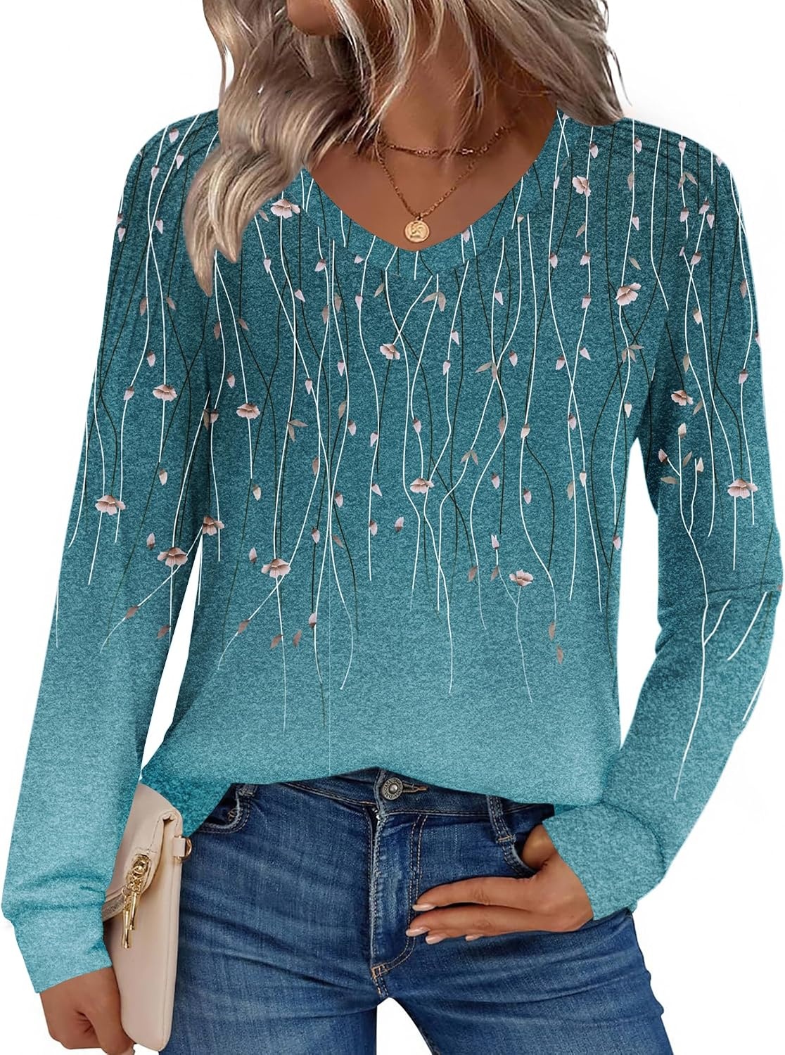 image:imageZeagoo Womens Long Sleeve Tops V Neck Pleated Shirts Dressy Casual Blouses Fall Fashion Tunic Clothes 2026 TShirts01bluegreen
