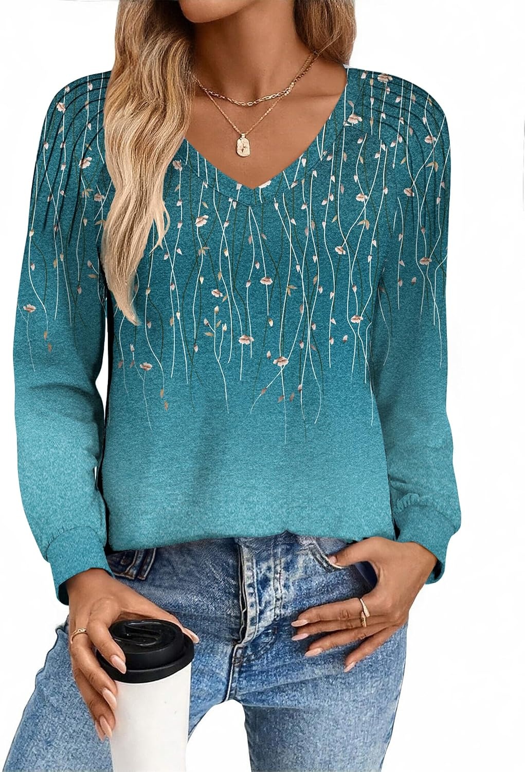 image:imageZeagoo Womens Long Sleeve Tops V Neck Pleated Shirts Dressy Casual Blouses Fall Fashion Tunic Clothes 2026 TShirts01bluegreen