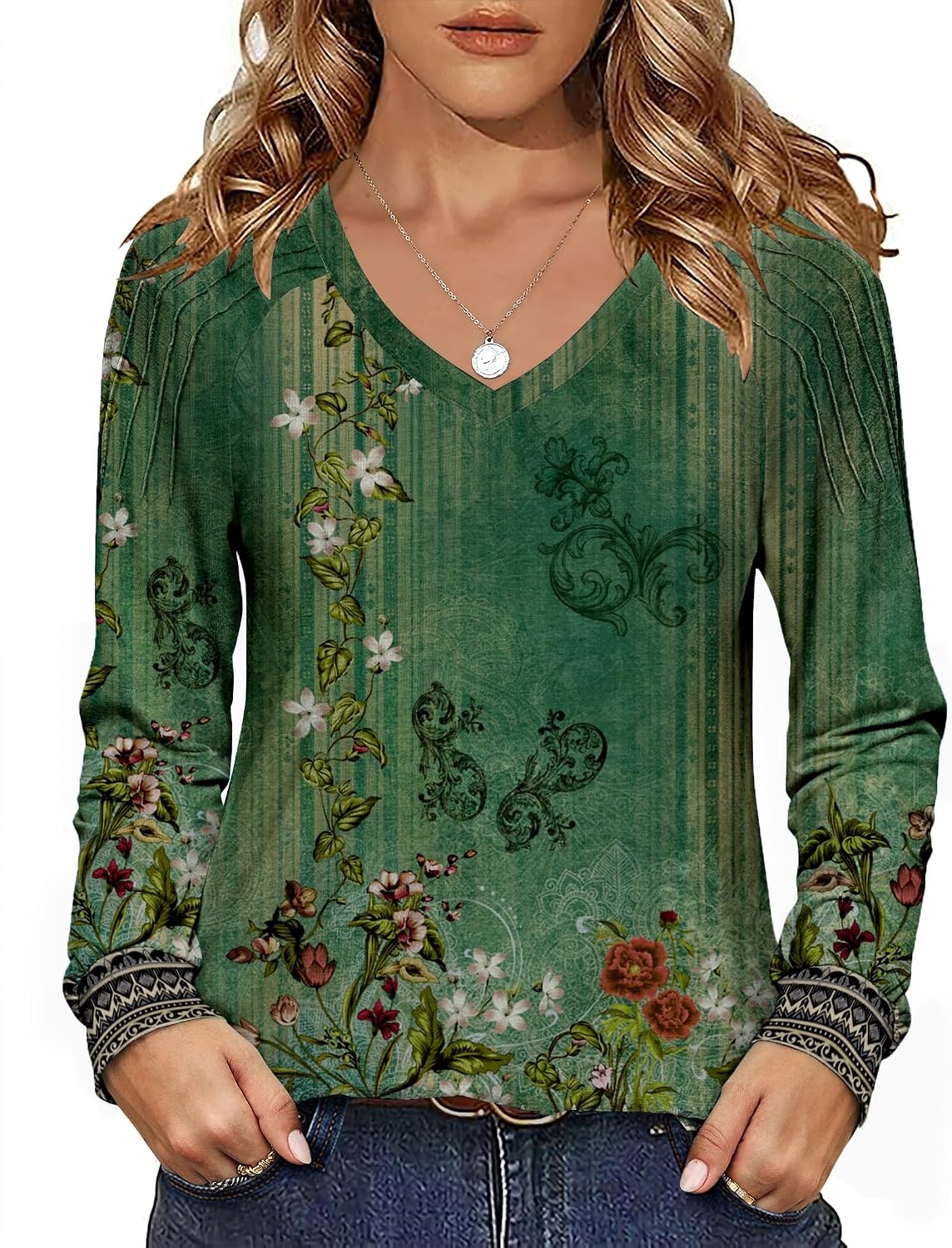 image:imageZeagoo Womens Long Sleeve Tops V Neck Pleated Shirts Dressy Casual Blouses Fall Fashion Tunic Clothes 2026 TShirts01green Floral