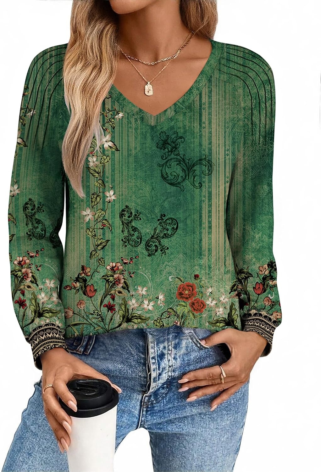 image:imageZeagoo Womens Long Sleeve Tops V Neck Pleated Shirts Dressy Casual Blouses Fall Fashion Tunic Clothes 2026 TShirts01green Floral