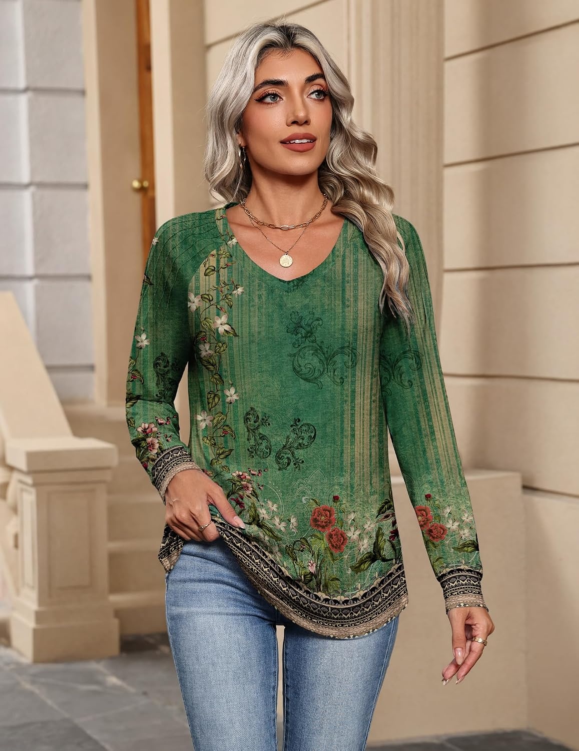 image:imageZeagoo Womens Long Sleeve Tops V Neck Pleated Shirts Dressy Casual Blouses Fall Fashion Tunic Clothes 2026 TShirts01green Floral