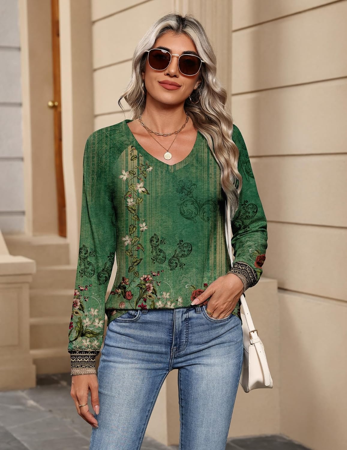 image:imageZeagoo Womens Long Sleeve Tops V Neck Pleated Shirts Dressy Casual Blouses Fall Fashion Tunic Clothes 2026 TShirts01green Floral