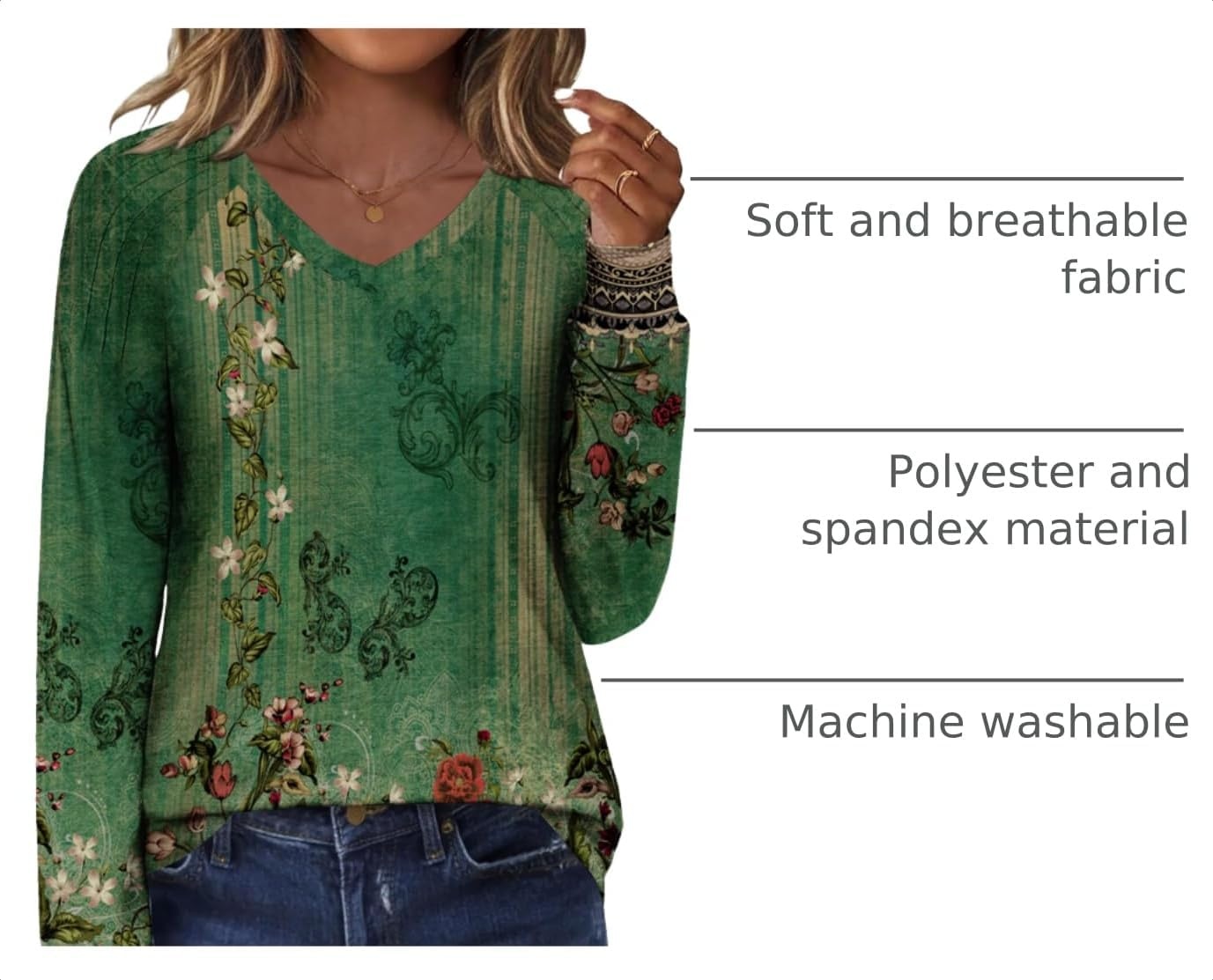 image:imageZeagoo Womens Long Sleeve Tops V Neck Pleated Shirts Dressy Casual Blouses Fall Fashion Tunic Clothes 2026 TShirts01green Floral