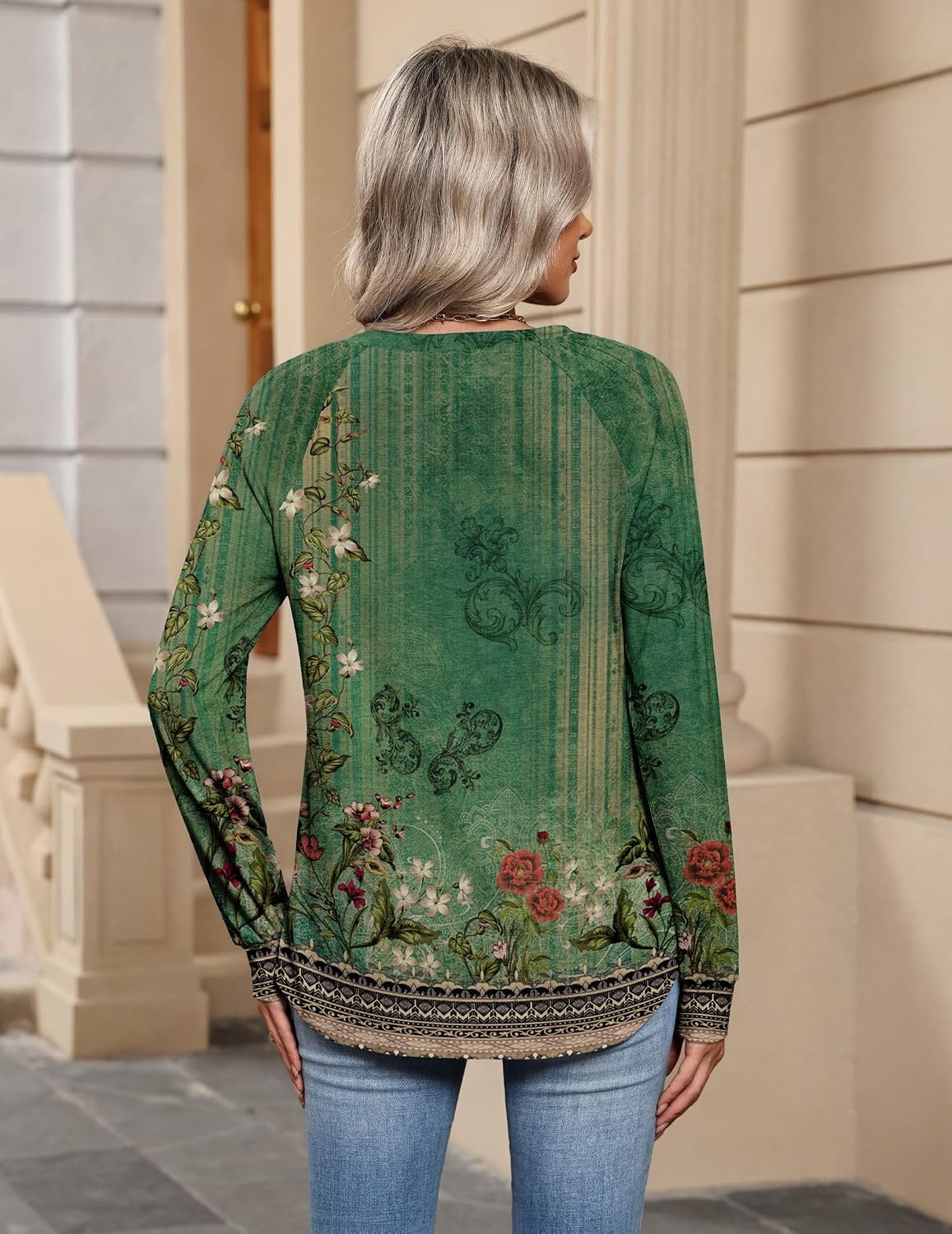 image:imageZeagoo Womens Long Sleeve Tops V Neck Pleated Shirts Dressy Casual Blouses Fall Fashion Tunic Clothes 2026 TShirts01green Floral
