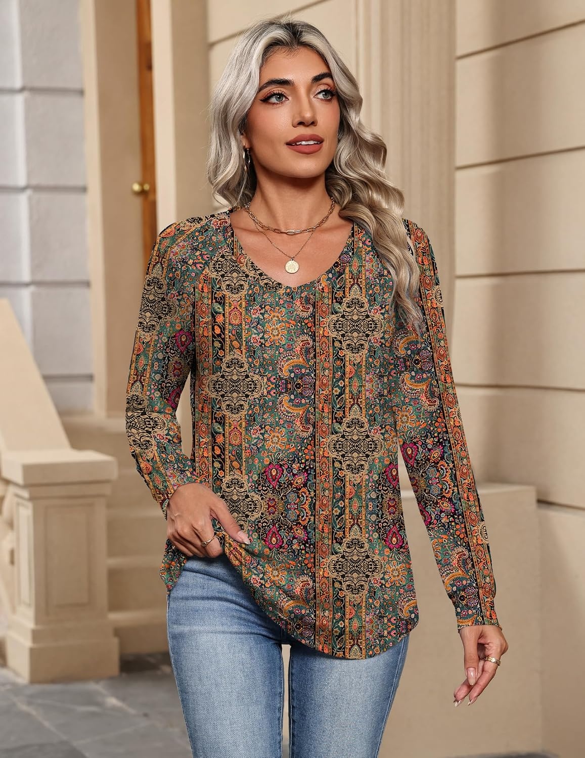 image:imageZeagoo Womens Long Sleeve Tops V Neck Pleated Shirts Dressy Casual Blouses Fall Fashion Tunic Clothes 2026 TShirts01vintage Floral