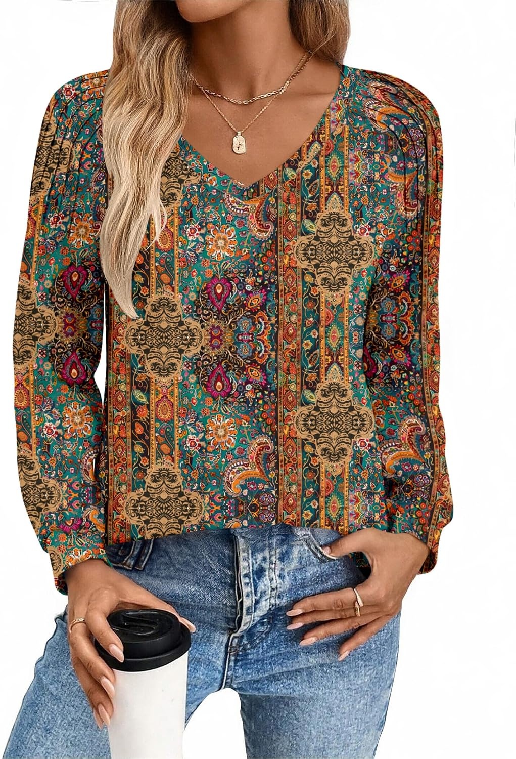 image:imageZeagoo Womens Long Sleeve Tops V Neck Pleated Shirts Dressy Casual Blouses Fall Fashion Tunic Clothes 2026 TShirts01vintage Floral