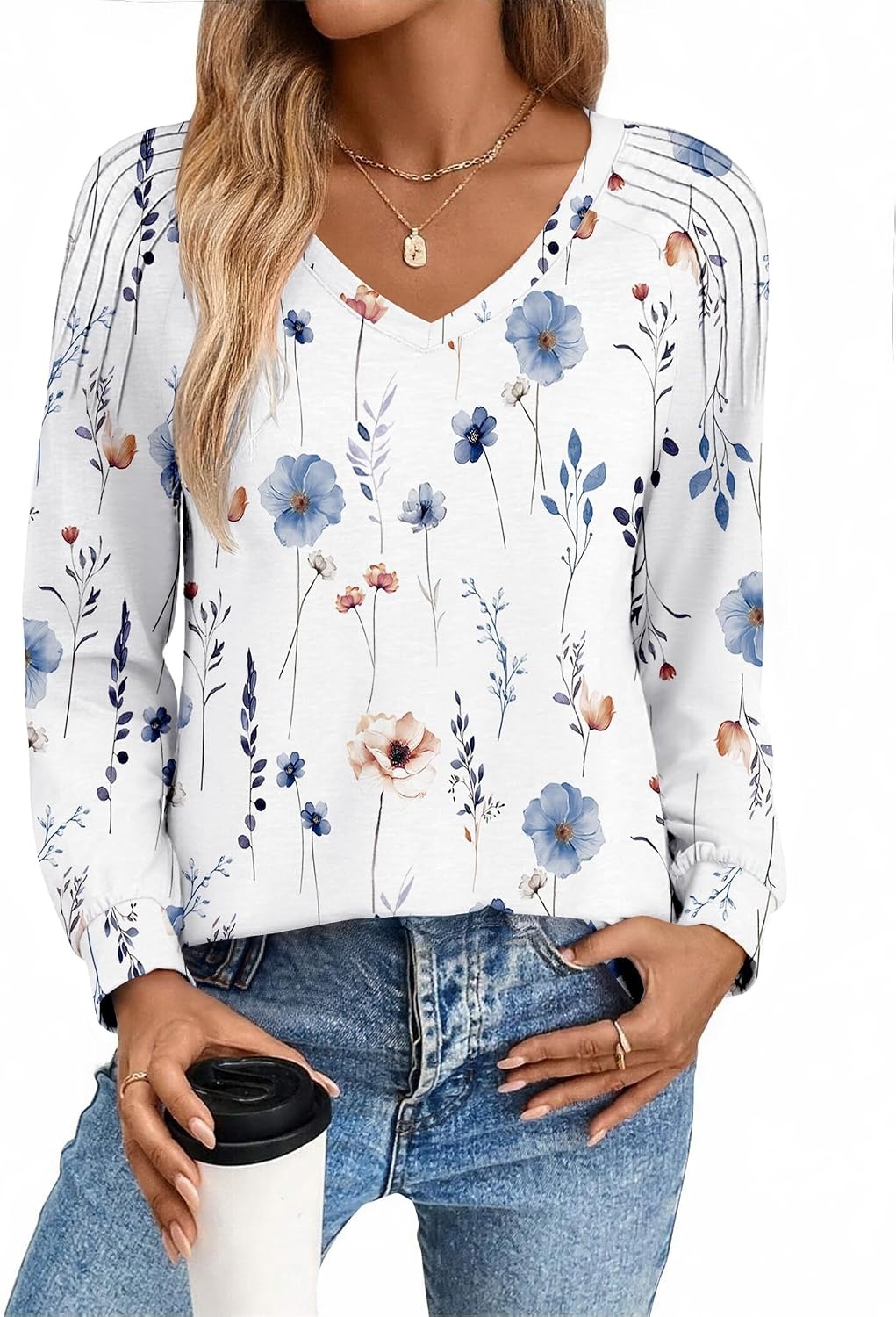 image:imageZeagoo Womens Long Sleeve Tops V Neck Pleated Shirts Dressy Casual Blouses Fall Fashion Tunic Clothes 2026 TShirts01white Floral