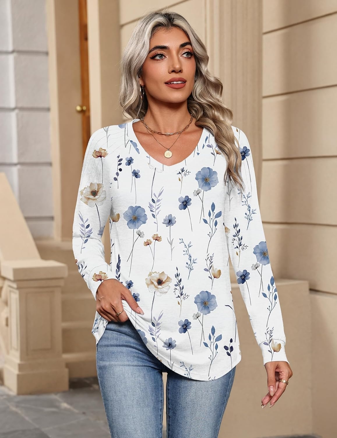 image:imageZeagoo Womens Long Sleeve Tops V Neck Pleated Shirts Dressy Casual Blouses Fall Fashion Tunic Clothes 2026 TShirts01white Floral