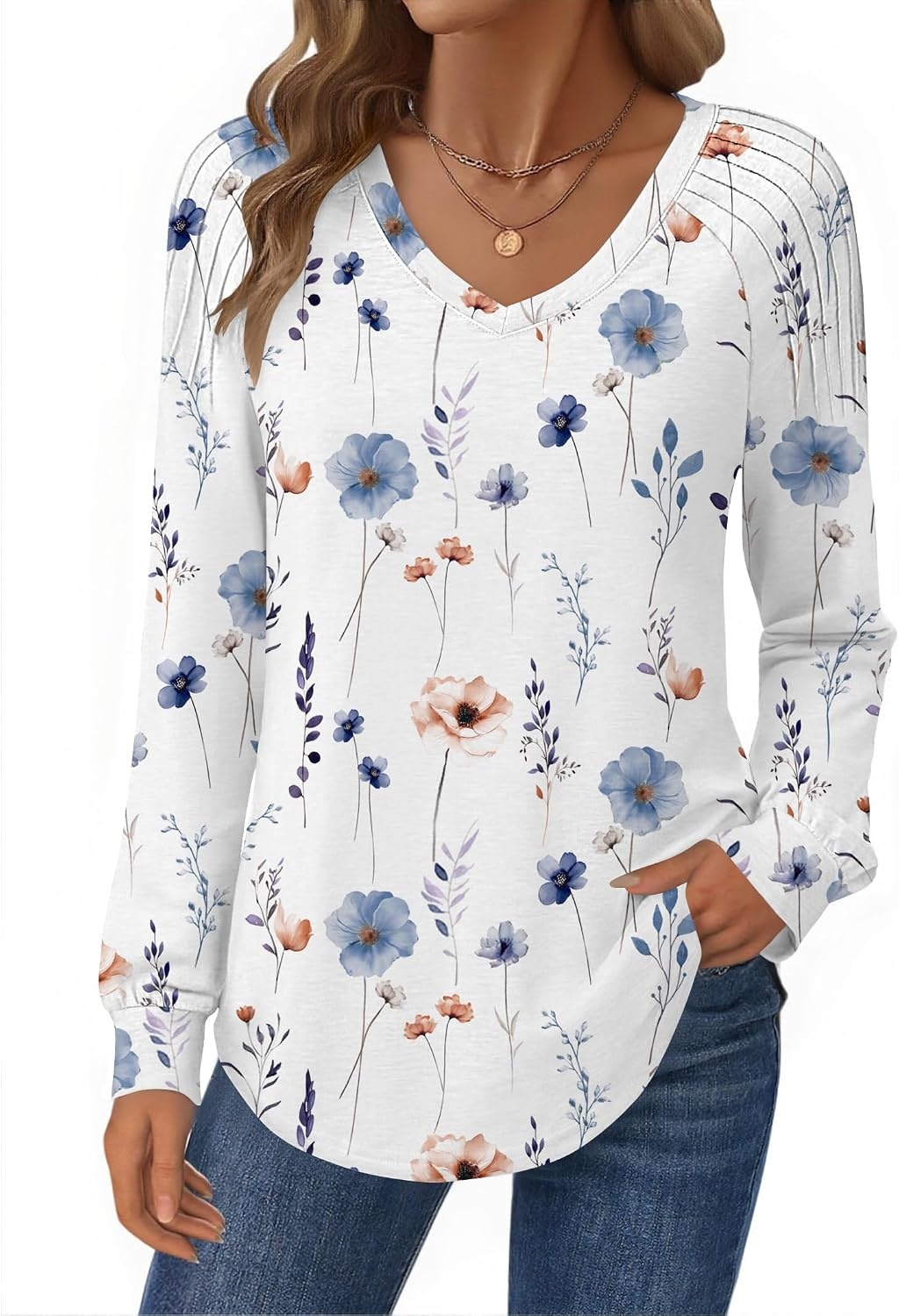 image:imageZeagoo Womens Long Sleeve Tops V Neck Pleated Shirts Dressy Casual Blouses Fall Fashion Tunic Clothes 2026 TShirts01white Floral