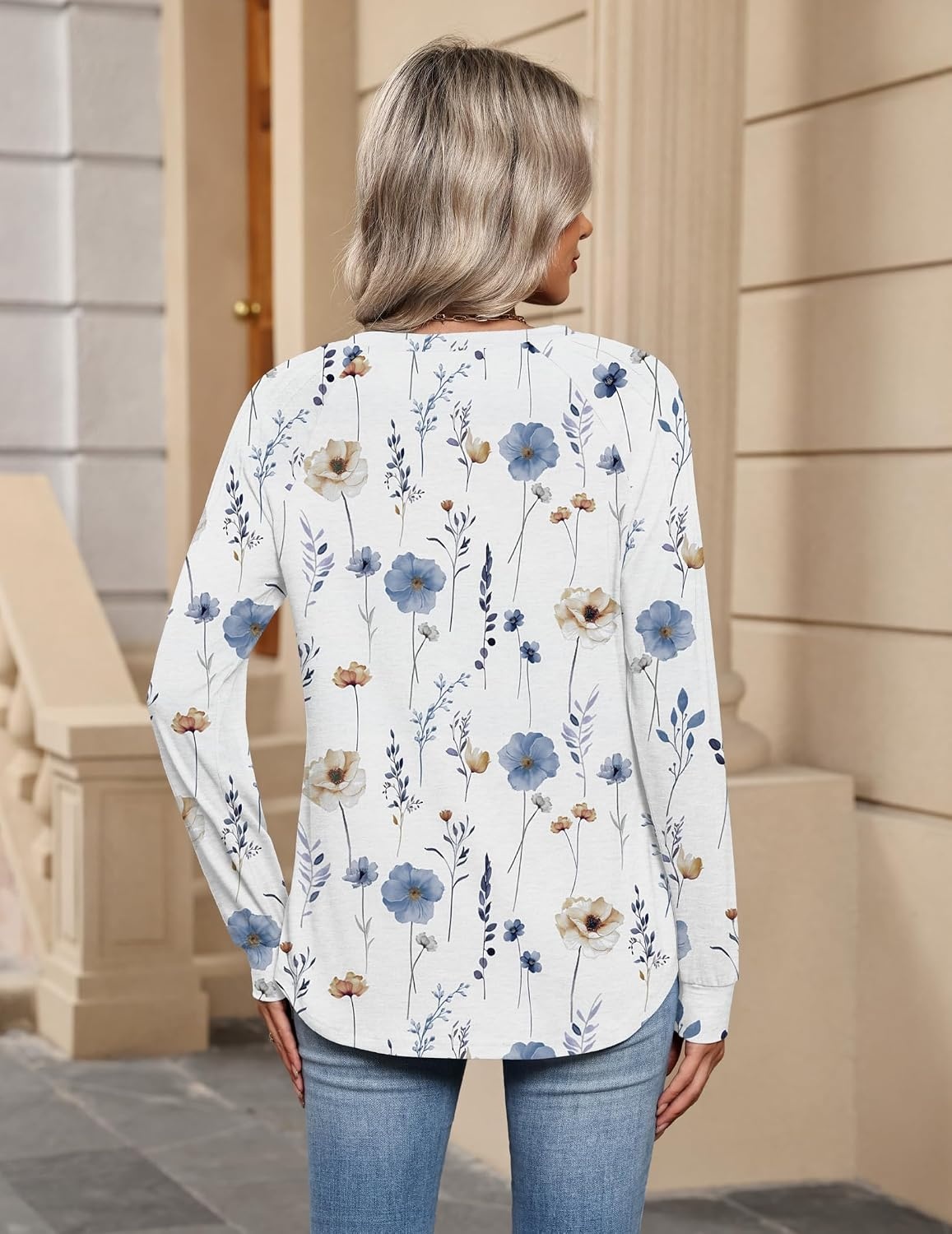 image:imageZeagoo Womens Long Sleeve Tops V Neck Pleated Shirts Dressy Casual Blouses Fall Fashion Tunic Clothes 2026 TShirts01white Floral