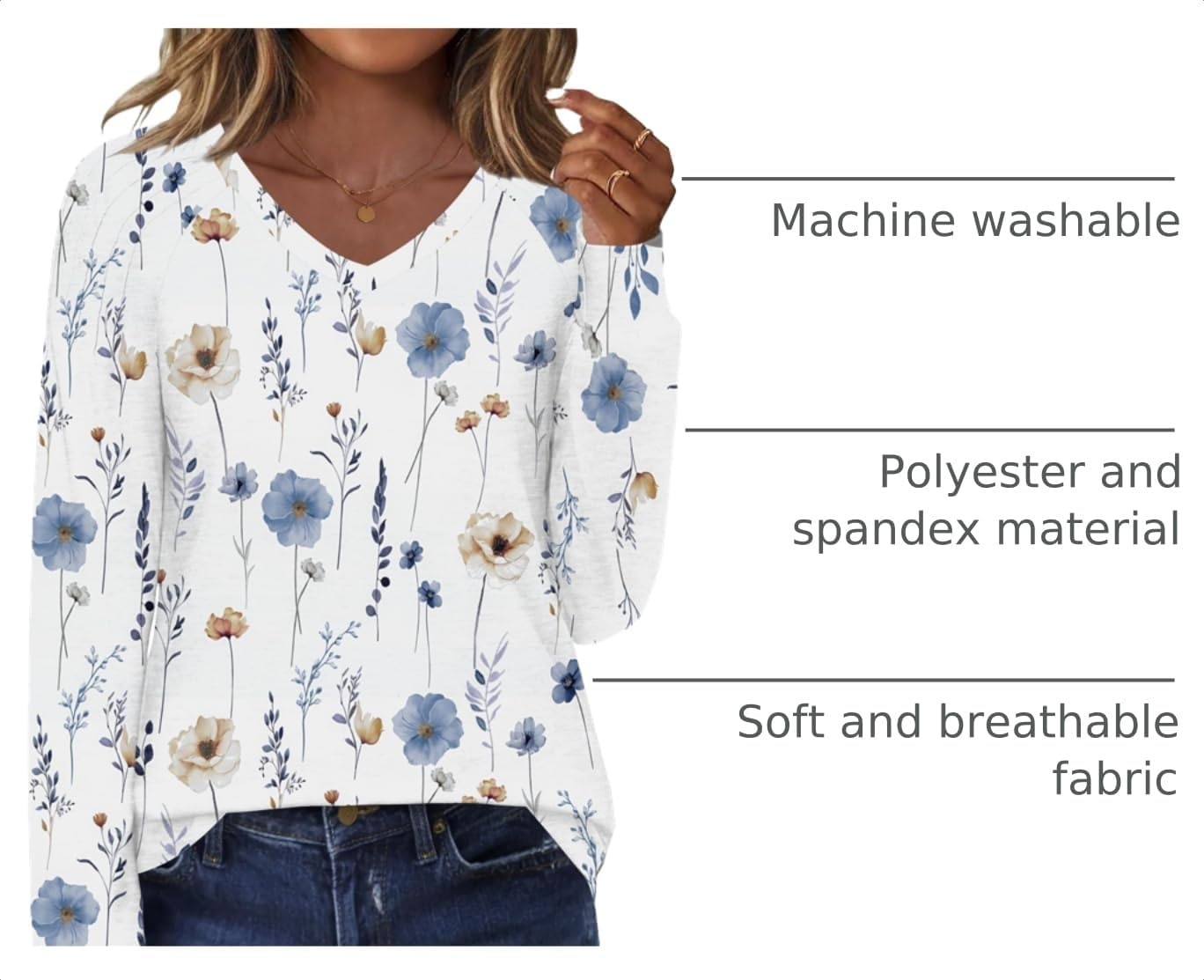 image:imageZeagoo Womens Long Sleeve Tops V Neck Pleated Shirts Dressy Casual Blouses Fall Fashion Tunic Clothes 2026 TShirts01white Floral