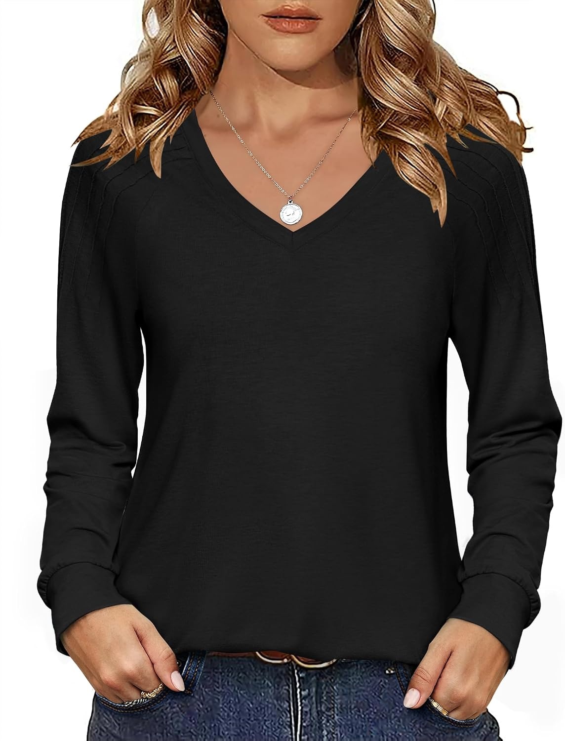 image:imageZeagoo Womens Long Sleeve Tops V Neck Pleated Shirts Dressy Casual Blouses Fall Fashion Tunic Clothes 2026 TShirtsBlack
