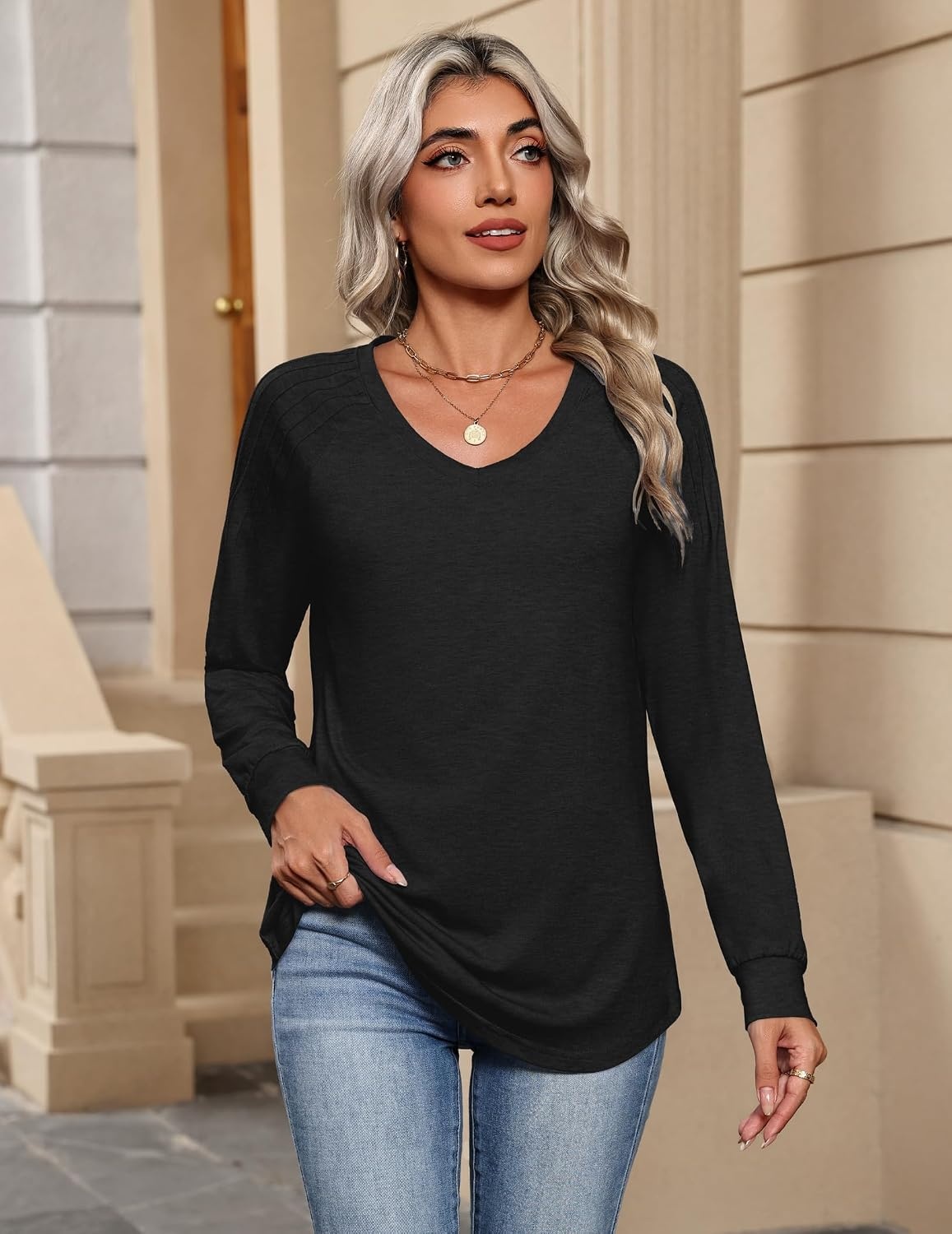 image:imageZeagoo Womens Long Sleeve Tops V Neck Pleated Shirts Dressy Casual Blouses Fall Fashion Tunic Clothes 2026 TShirtsBlack